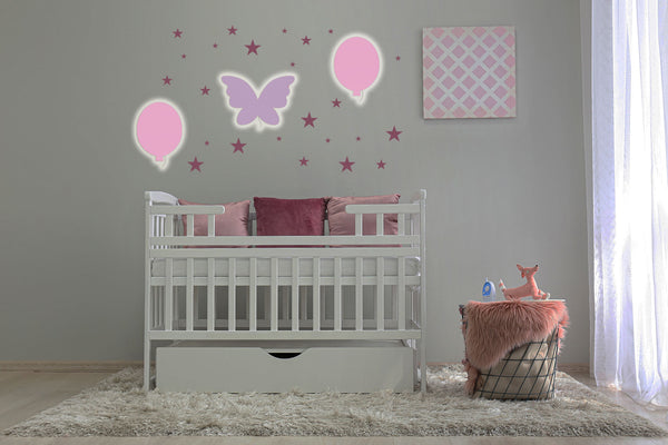 Applique-murale-pour-bébé-papillon-violet-et-ballon-rose-nuit-banche