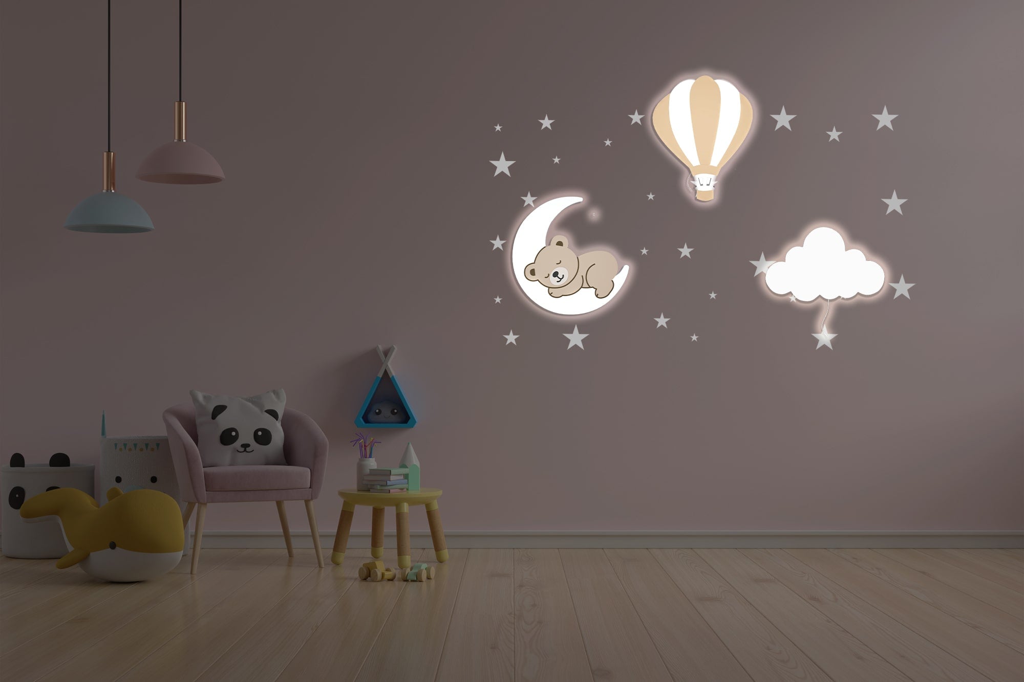 Composition 3 veilleuses murales enfant Soft Sky