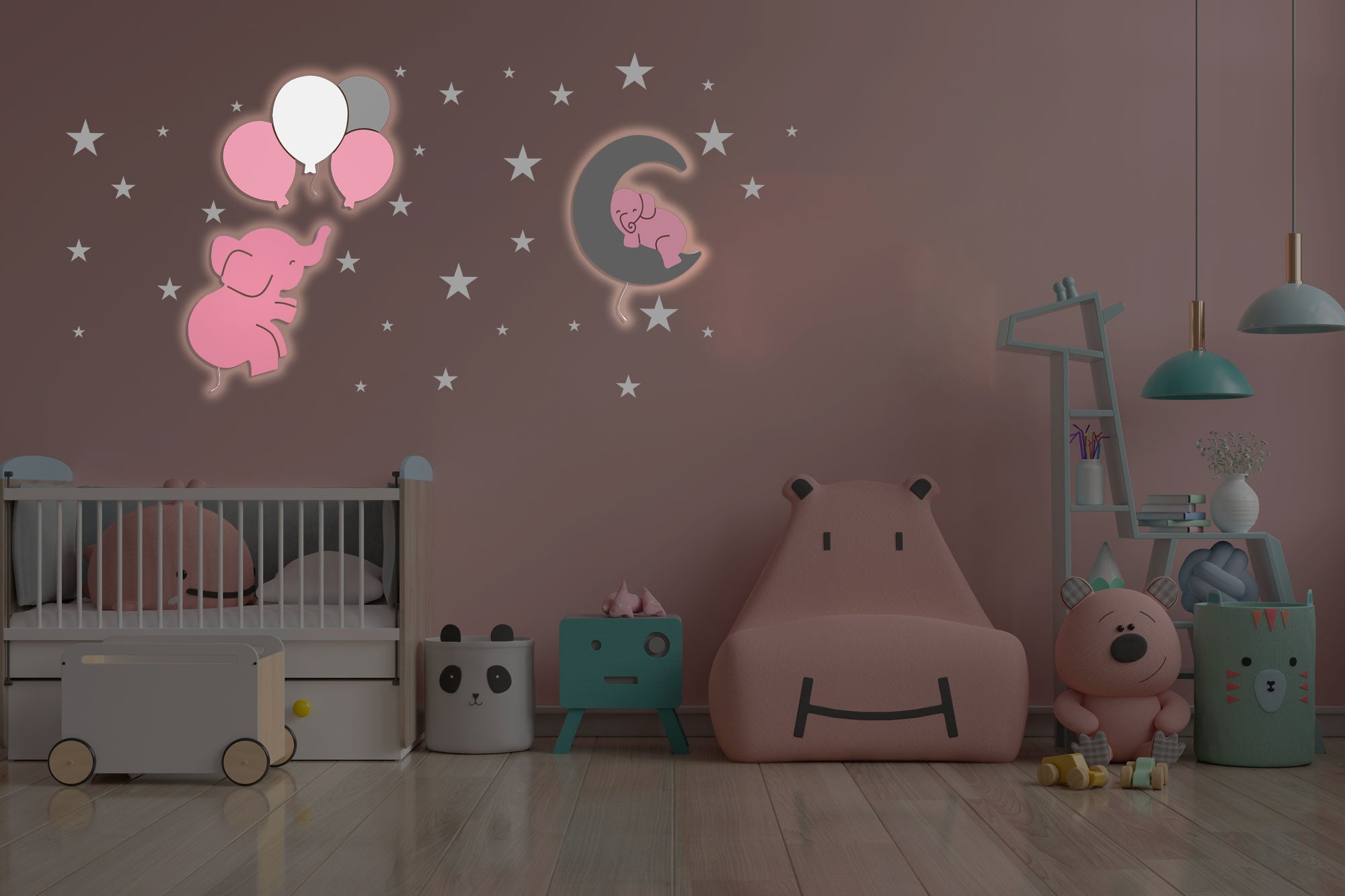 Composición de luz nocturna infantil de pared BabyNotte Teddy Pink