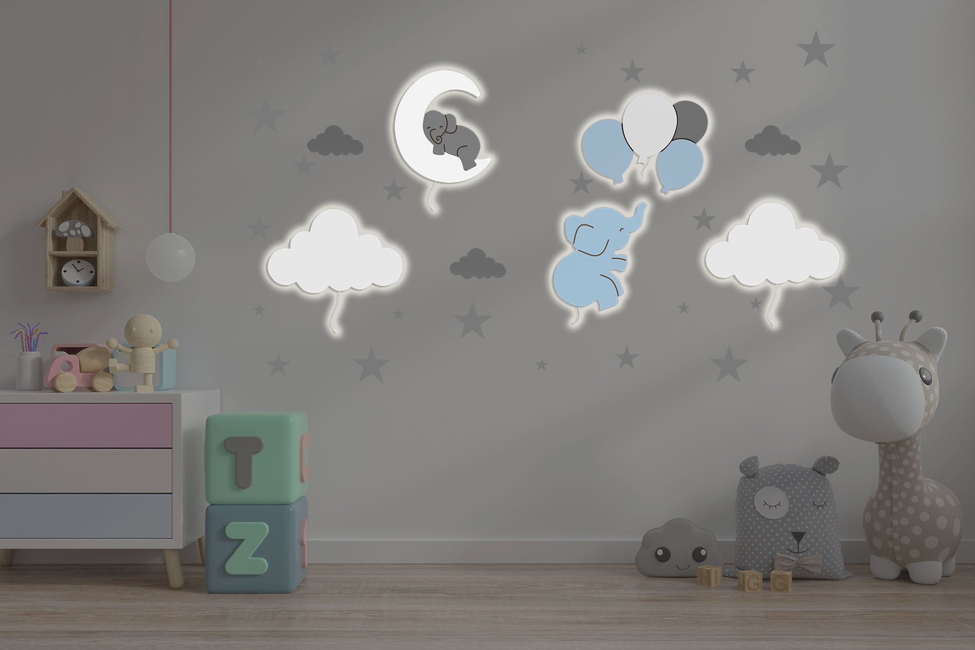 BabyNotte Moonlight Blue samenstelling nachtlampje voor kinderen aan de muur