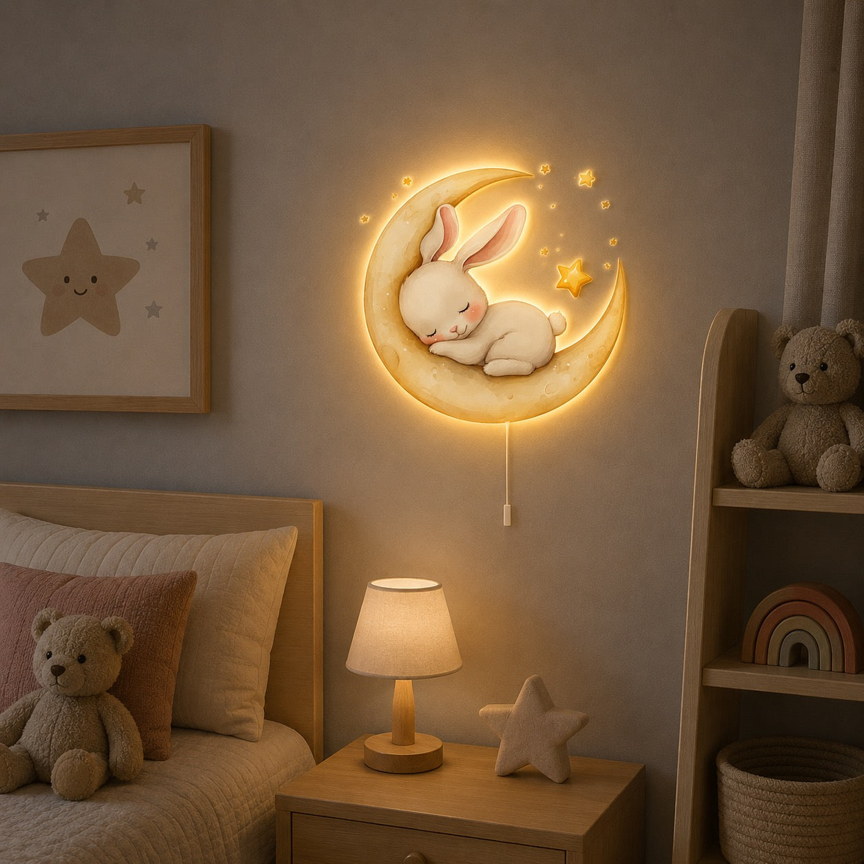 Lampe murale Veilleuse Moonlight Bunny allumée dans une chambre d'enfant