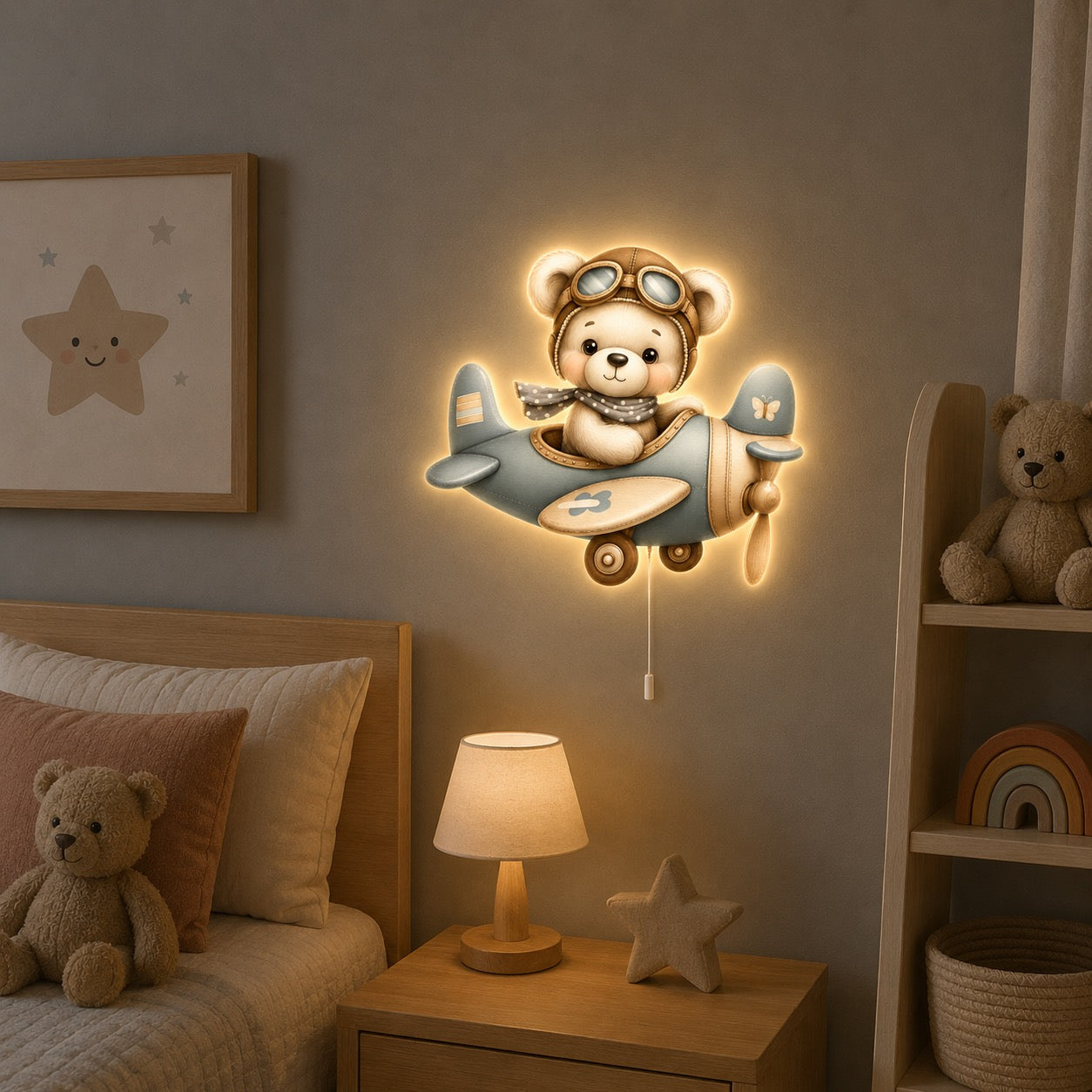 Lampe murale Veilleuse Ourson dans l'avion droite allumée dans une chambre d'enfant