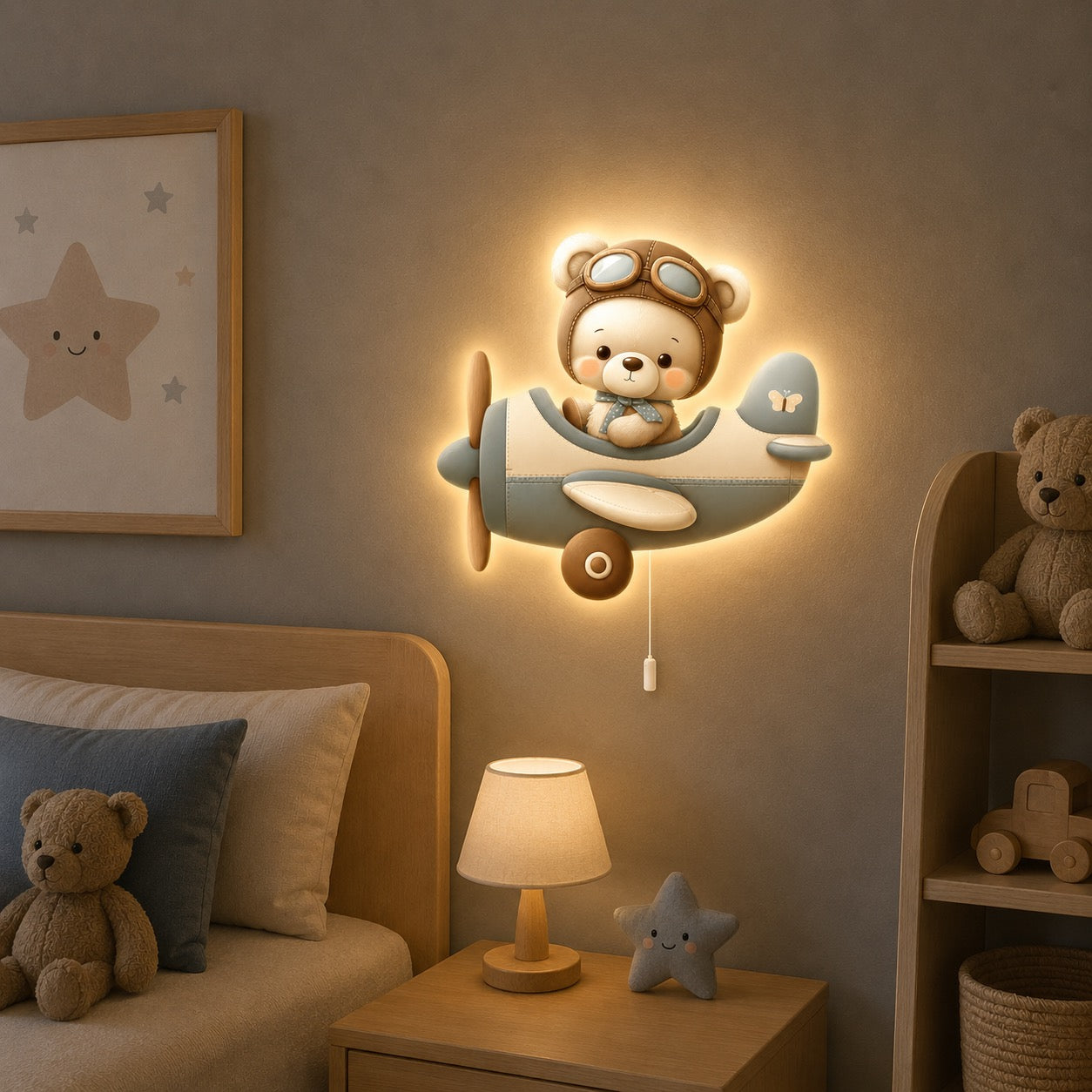 Lampe murale Veilleuse Ourson dans l'avion gauche allumée dans une chambre d'enfant