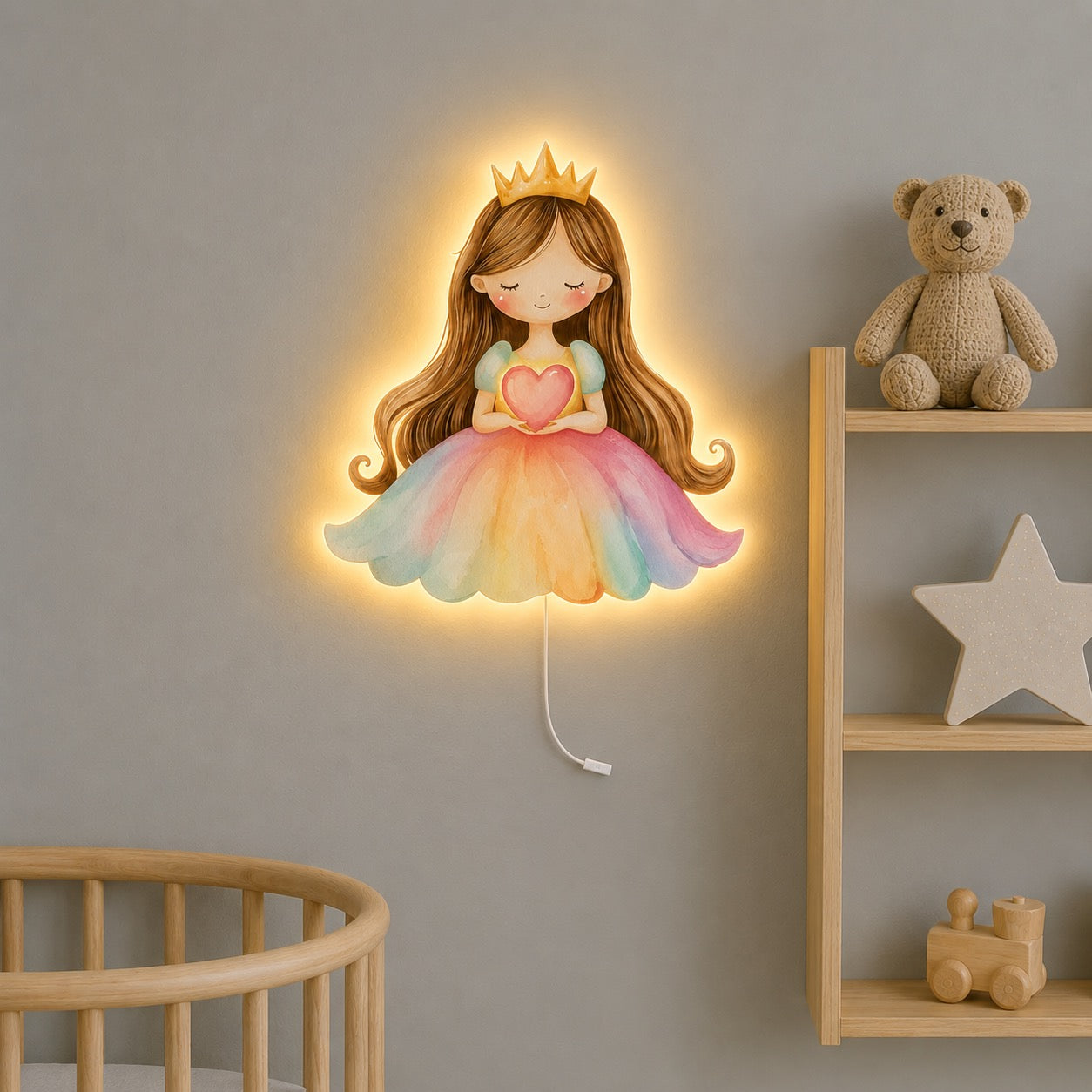 Lampe murale Veilleuse Princesse avec cœur allumée dans une chambre d'enfant