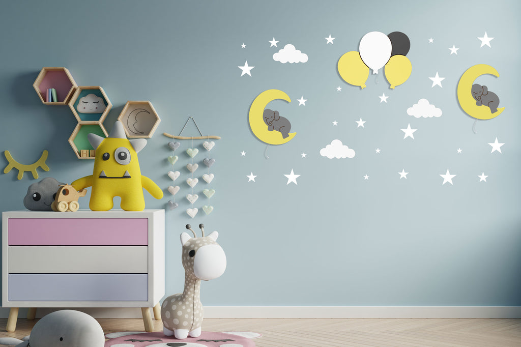 Applique-murale-pour-bébé--elephant-sur-lune-jaune