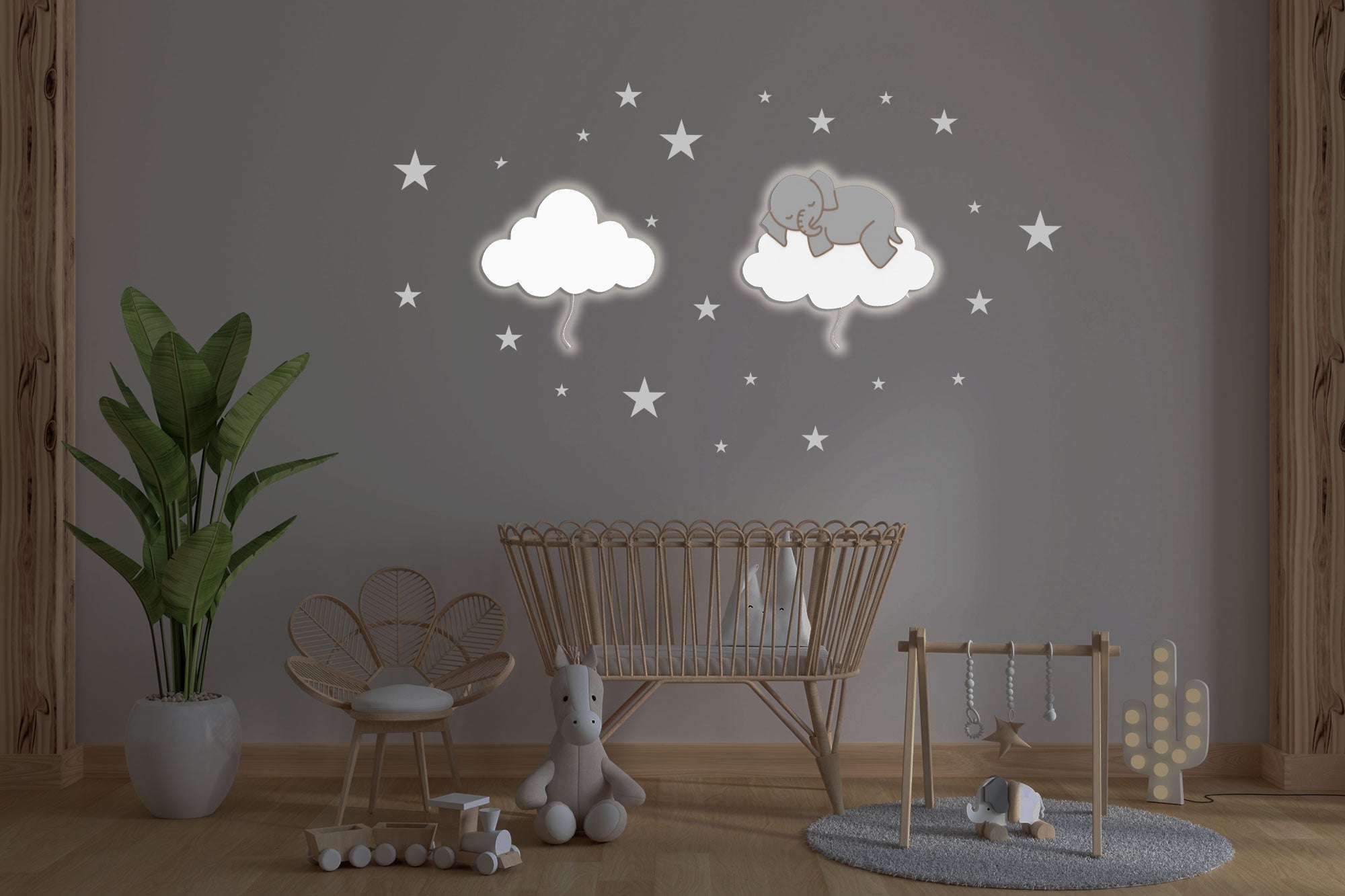 Applique-murale-pour-bébé-nuage avec elephant blanc nuit