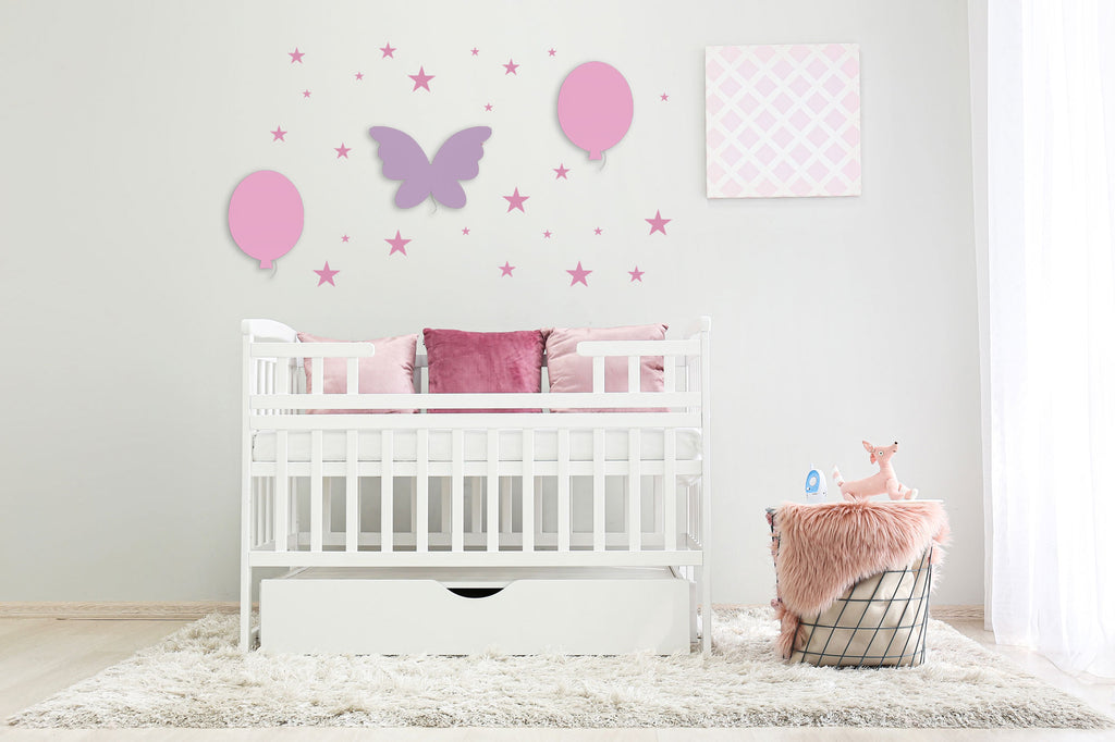 Applique murale pour bébé papillon violet et ballon rose