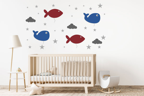 Applique-murale-pour-bébé-poisson rouge et baleine bleu