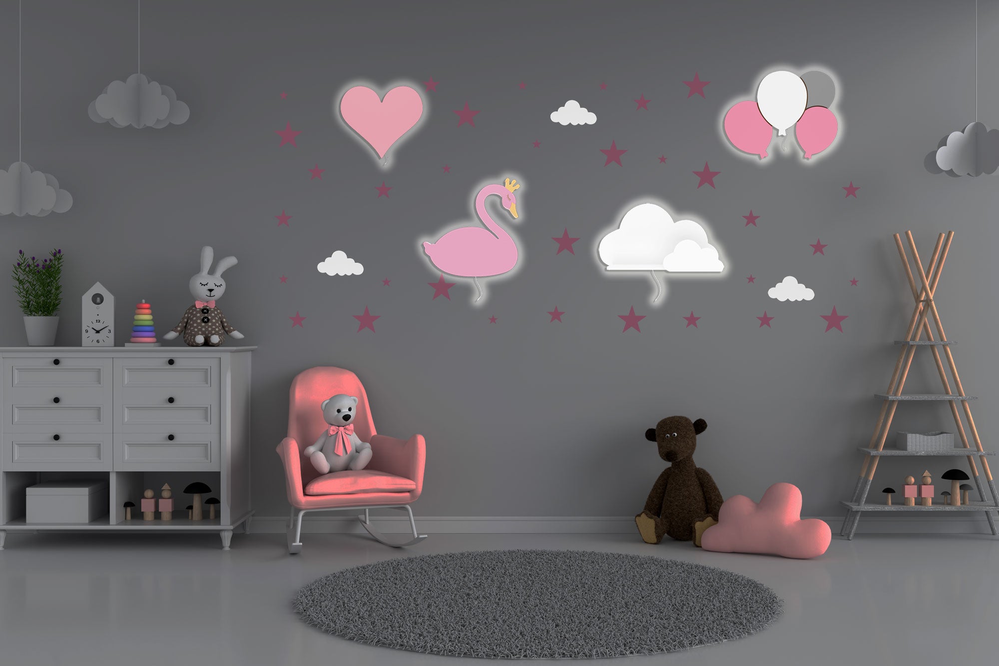 vellieuse-murale-babynotte-cygne rose nuit